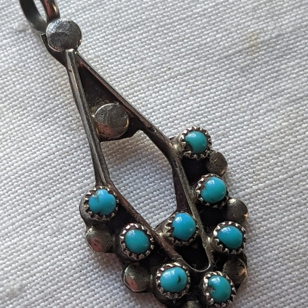 Vintage Zuni Sterling Silver Turquoise PETIT POINT Pendant signed LIZ